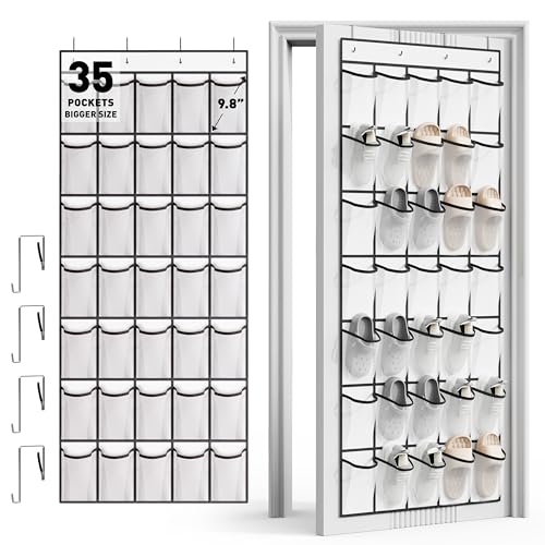 WVM Over the Door Shoe Organizer with 35 Breathable Mesh Pockets, Hanging Shoe Organizer for Door with 4 Metal Hooks, Large Capacity Closet Storage for Shoes, Accessories, White - color: White