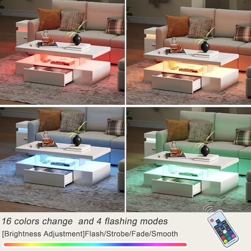 ChooChoo Modern LED Coffee Table, High Glossy Center Table with Drawer, Rectangle Coffee Table with Storage for Living Room, Bedroom, White