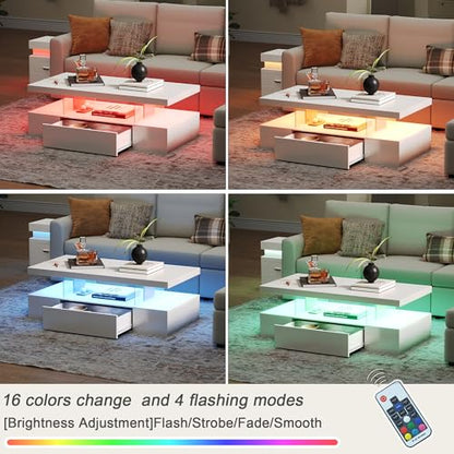 ChooChoo Modern LED Coffee Table, High Glossy Center Table with Drawer, Rectangle Coffee Table with Storage for Living Room, Bedroom, White