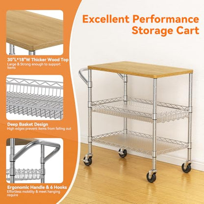 3 Tier Rolling Kitchen Carts on Wheels with Storage,650Lbs Heavy Duty Utility Carts with Wheels,Kitchen Island with Wood Tabletop,Metal Serving Rolling Cart for Small Appliance Food Cart,Wood+Metal - color: Wood+chrome