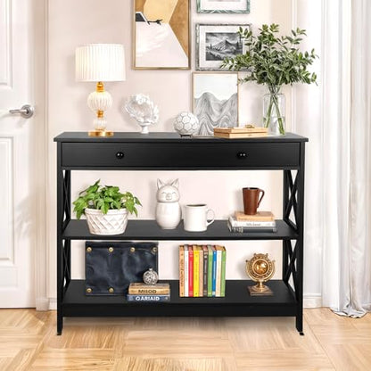 Nouva Narrow Console Accent Table w/Storage Shelf, 3-Tier 40 Inch Entryway Sofa Table End Table Display Shelf w/Drawer for Living Room Hallway Entryway Foyer,Black