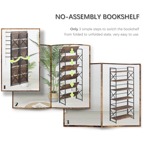 4NM 6 Tiers No Assembly Book Shelves, 61.8" H Folding Bookshelf Bookcase Open Industrial Foldable Shelves for Bedroom, Living Room, Home Office - Rustic Brown Black - color: Rustic Brown Black, size: XX 6-Tier