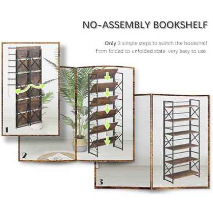 4NM 6 Tiers No Assembly Book Shelves, 61.8" H Folding Bookshelf Bookcase Open Industrial Foldable Shelves for Bedroom, Living Room, Home Office - Rustic Brown Black - color: Rustic Brown Black, size: XX 6-Tier