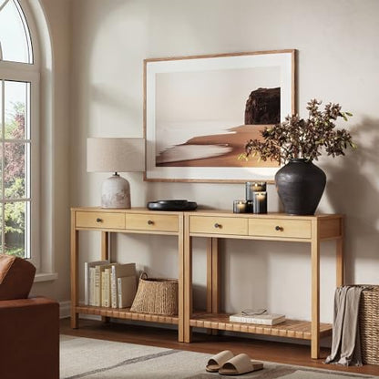 Nathan James Evelyn Modern Farmhouse Wood Console Table, Entryway Table with Storage, Open Lower Shelf with Woven Leather Straps, Natural Brown - color: Evelyn Natural Brown, size: Set of 1