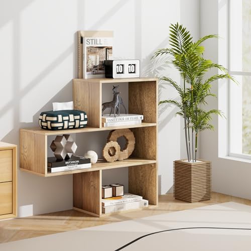 Tangkula 3 Cubes Bookcase, Irregular Open Bookcase, Freestanding Bookshelf Combination, Anti-Tipping Device, Home Display Storage Shelf for Living Room Study (Natural, 3-Cube, Convex)