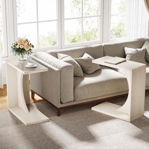 Tribesigns Set of 2 C-Shaped End Table for Couch, Small Bedside Table for Sofa, Wooden Nightstand for Living Room Bedroom Laptop Work Desk (2, Beige) - color: Beige