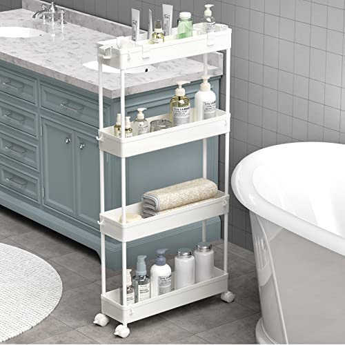 SPACELEAD Slim Storage Cart 4 Tier,Bathroom Organizer Rolling Utility, Mobile Shelving Unit Slide Out for Office, Kitchen, Laundry Room & Narrow Places,White - color: White