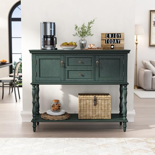 ARTPOWER Console Table with 2 Drawers, Retro Entryway Table with 2 Door | Solid Wood Veneer Entry Table, Behind Couch Sofa Table with Open Storage Shelf for Living Room, Foyer, Hallway - color: Green