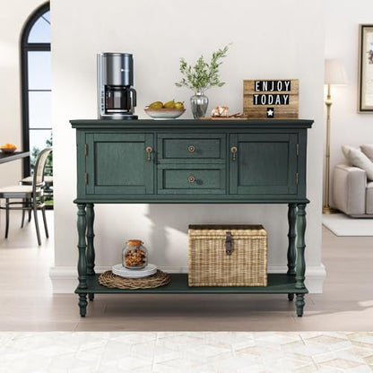 ARTPOWER Console Table with 2 Drawers, Retro Entryway Table with 2 Door | Solid Wood Veneer Entry Table, Behind Couch Sofa Table with Open Storage Shelf for Living Room, Foyer, Hallway - color: Green