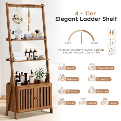 Bookcase with Drawers, 4-Tier Bamboo Bookshelf Ladder Shelf with 6 Hooks, Tall Narrow Retro Book Shelf, 24.8"L x 10.6"W x 59.5"H, Standing Storage Organizer for Living Room, Office, Bedroom, Walnut - color: 4-tier Walnut