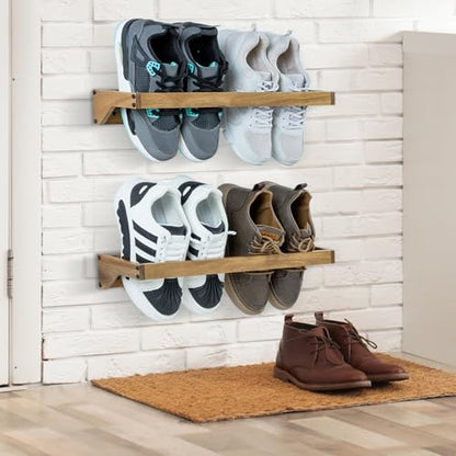 MyGift Set of 4 Premium Acacia Wood Wall Hanging Shoe Rack, Wall Mounted Space Saving Footwear Storage System for Closet, Mudroom, Entryway, Holds 8 Pairs - color: Acacia Wood
