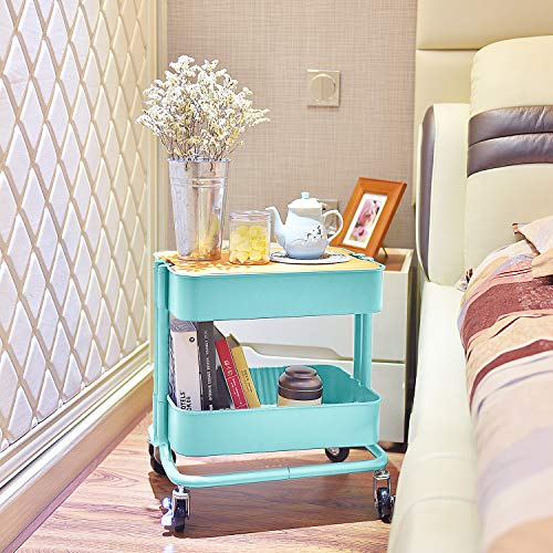 Melody House 2-Tier Metal Utility Rolling Cart, Storage Side End Table with Cover Board - color: A- Turquoise-1