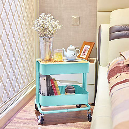 Melody House 2-Tier Metal Utility Rolling Cart, Storage Side End Table with Cover Board - color: A- Turquoise-1