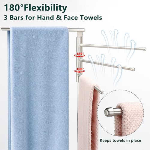 Standing Towel Rack, 304 Stainless Steel Towel Holder Stand with Weighted Marble Base, Floor Bath Towel Racks for Bathroom, Pool, Outdoor with 3 Swivel Towel Arms, Brushed Nickel