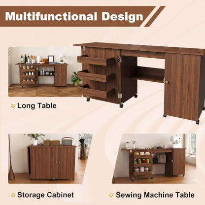 HRVEOCEI 4-in-1 Folding Sewing Table with Storage, Sewing Desk Foldable with Lockable Wheels & Power Socket, Sewings Machine Cabinet & Craft Desk with Shelves, Compact Design (Walnut, 57 Inch) - color: Walnut, size: 57 Inch