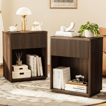 Modern Fluted Nightstand Set of 2 for Bedroom, Mid Century Bedside Table with Drawer & Open Shelf, Wood End Table, Farmhouse Night Stand for Home, Hallway, Office, Walnut - color: Walnut