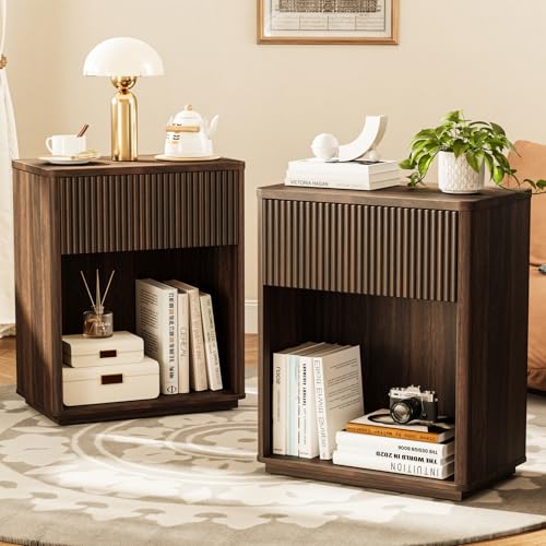 Modern Fluted Nightstand Set of 2 for Bedroom, Mid Century Bedside Table with Drawer & Open Shelf, Wood End Table, Farmhouse Night Stand for Home, Hallway, Office, Walnut - color: Walnut