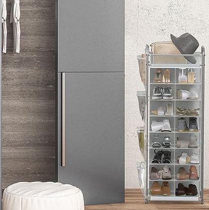 Simple Houseware 16 Cube Shoe Stand Tower Rack 8 Tier, Gray | Top Shelf and Side Hanging Pockets - color: Gray