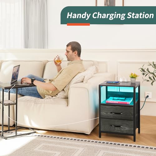 Yoobure Nightstand with Charging Station, LED Night Stand with Fabric Drawers and Storage Shelf for Bedroom, Nightstands Bedside Tables with USB Ports & Outlets, Small Night Stands, Bed Side Table - color: Charcoal Gray