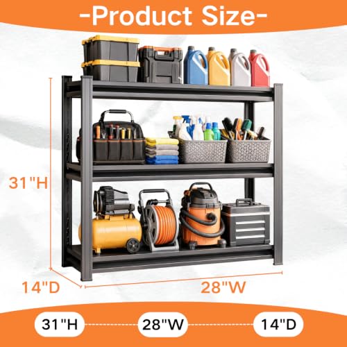 Garage Shelving, Heavy Duty Storage Shelves, Adjustable Boltless Units | Metal Shelving with Double Layer Posts, Industrial Steel Shelving for Garage Basement Warehouse Kitchen, Black, 31H*28W*14D - size: 28W*31H*14D-3T