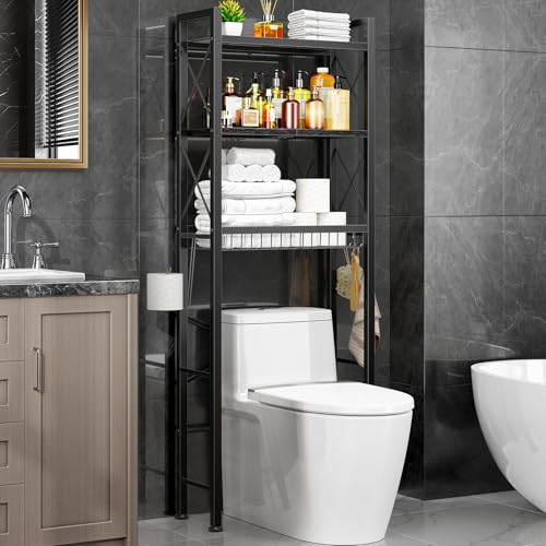 Kalrin Over The Toilet Storage with X Shape Side Guardrail, 3-Tier Over Toilet Storage Rack with Drain Basket, Freestanding Bathroom Organizer for Balcony Laundry, Pure Black - color: Pure Black