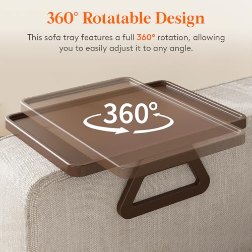 Lifewit Plastic Rotating Couch Armrest Table, Adjustable Sofa Arm Clip Holder Tray for Snack/Fast Food/Fruit/Drink, Large Foldable Stable Sofa Table with Reinforced Clamp, Brown - color: Brown