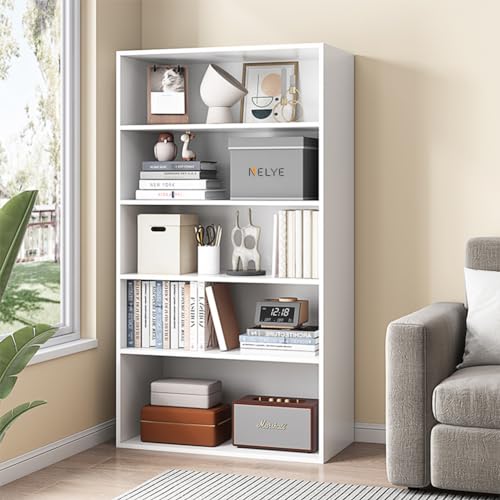 NELYE 5 Tier Open Shelf Bookcase, 23.62" x 9.53" x 52.17" in, White | Fits Books, Decor, Toys, Sturdy MDF Resists Wobble, Scratch-resistant, Easy Clean, For Living Room and Bedroom - color: White, size: 5-Tier