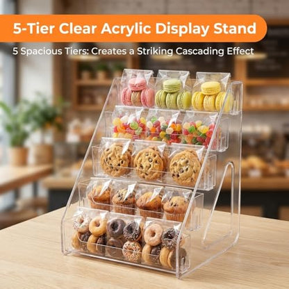 5 Tiered Cookie Display Stand for Bakers, Vendors, Market Booth, Craft Fair, Events Acrylic Pastry Display Case for Cupcakes, Muffins, Donuts Cookie Bakery Rack with Full Angle