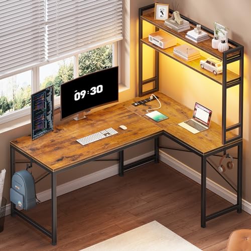 SEDETA L Shaped Desk with Hutch, 45.3” Reversible Home Office Desk, L Shaped Gaming Desk with LED Lights, Power Outlet, Storage Shelves and Hooks for Small Space, Rustic Brown - color: Rustic Brown