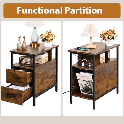 Livofloral Side Tables with Charging Station, Narrow End Table with 2 Wooden Drawers, USB Ports and Power Outlets, Narrow Nightstand and Bedside Table, Side Tables Living Room, Bedroom, Brown - color: Brown