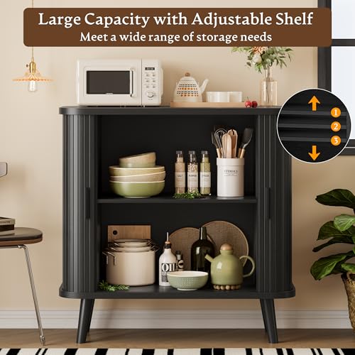 Sideboard Buffet Cabinet with Sliding Door, 31.5" Wide Fluted Modern Accent Storage Cabinet with Adjustable Shelves, Wood Coffee Bar Buffet Console Table for Kitchen, Dining Room, Living Room, Black - color: Black