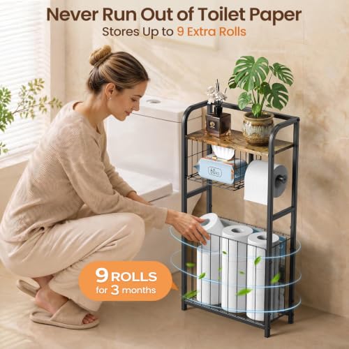 Freestanding Toilet Paper Holder Stand with Storage forSmall Bathroom Space | Holds 9 Spare Rolls, Phone, Wipes & Magazines –Large Capacity Toilet Paper Stand – Toilet Roll Dispenser and Organizer - color: Black
