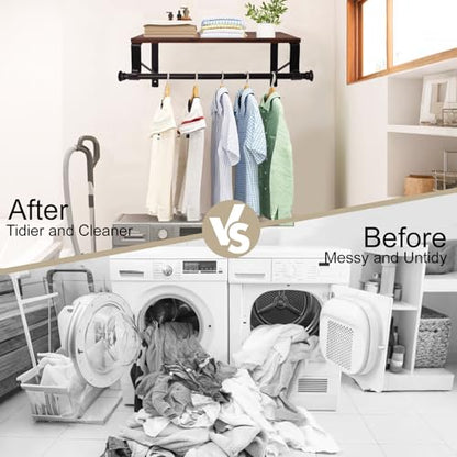 Wall Mounted Shelf with Hanging Rod, Laundry Room Shelves, Space Saving Organization for Bedroom, Bathroom, Laundry Room, Closet, Kitchen & Front Door