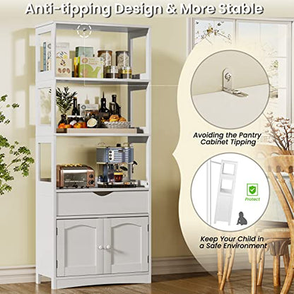 DICTAC Kitchen Pantry Storage Cabinets Freestanding Tall Bathroom Cabinet with Shelves and Drawer 64''H Sideboard Microwave Space Cupboard Organizer for Home Office,White, 23.62x13x64.06inch | Freestanding - size: 23.62x13x64.06inch
