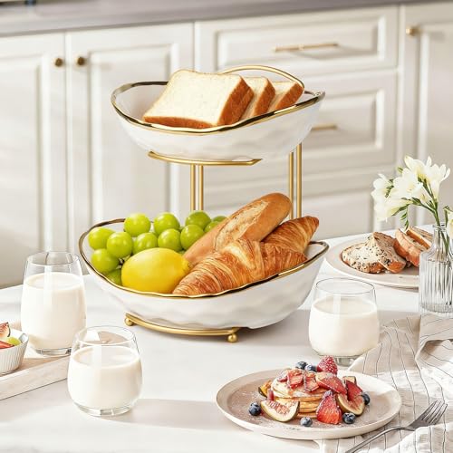 Fruit Basket for Kitchen Counter - Two Tier Ceramic Fruit Bowl with Metal Stand, Fruit Holder for Fresh Fruit&Veggies, Modern Tiered Fruit Platter Serving Trays for Party - color: 2White-Rack02