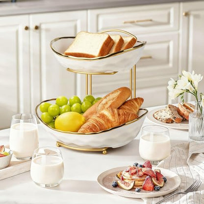 Fruit Basket for Kitchen Counter - Two Tier Ceramic Fruit Bowl with Metal Stand, Fruit Holder for Fresh Fruit&Veggies, Modern Tiered Fruit Platter Serving Trays for Party - color: 2White-Rack02