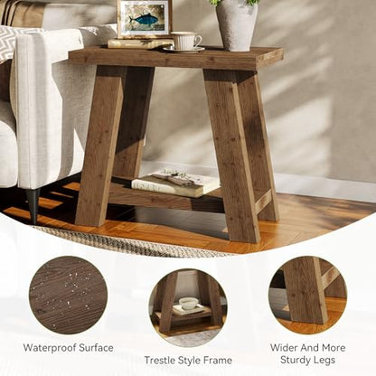LITTLE TREE Solid Wood End Table, Small Side Table with 2-Tier Storage Shelf for Living Room, Rectangular Side Table for Couch, Bedside Table for Bedroom, Easy Assembly