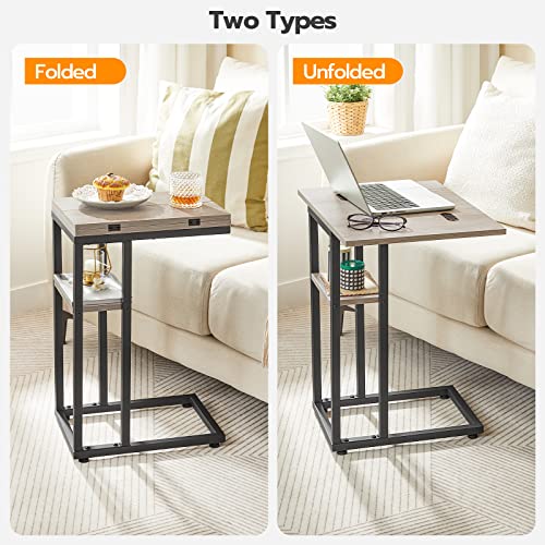 HOOBRO Foldable C Shaped End Table, C Shaped Side Table with Storage Shelf, Small Snack Table, Slide Under Couch Table for Sofa, Living Room Bedroom Small Spaces Easy Assembly, Greige BG29SF01 - color: Greige + Black