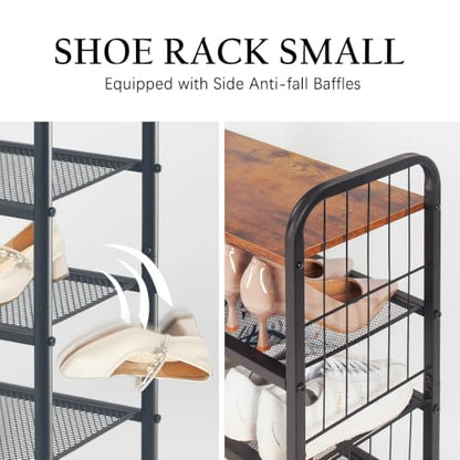 Small Shoe Rack for Entryway Closet, 4-Tier Narrow Shoe Shelf | Slim Vertical Shoe Storage Organizer with Guardrails, Metal Mesh Shelves, Wooden Top, Free Standing, for Front Door Entrance - size: 17.32" X 10.24" X 23.03"