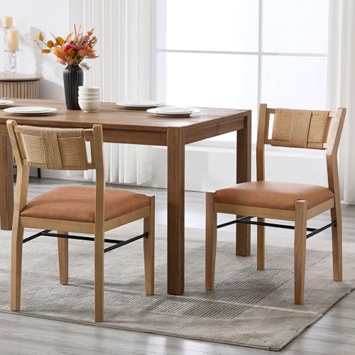 BESTANO Modern Armless Dining Chairs with Rope Woven Back Set of 4, Brown PU Leather Upholstered Kitchen & Dining Room Chairs, Mid-Century Classic Farmhouse Wooden Side Chair - color: Brown, size: 4 Chairs