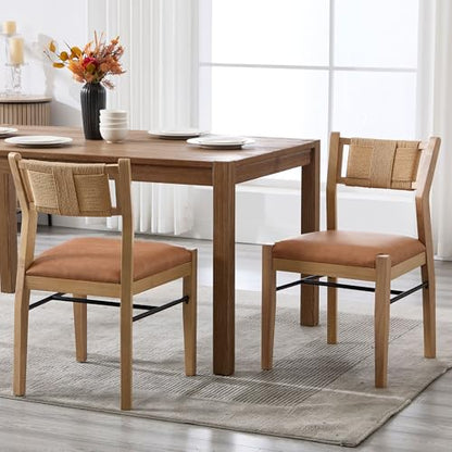 BESTANO Modern Armless Dining Chairs with Rope Woven Back Set of 4, Brown PU Leather Upholstered Kitchen & Dining Room Chairs, Mid-Century Classic Farmhouse Wooden Side Chair - color: Brown, size: 4 Chairs