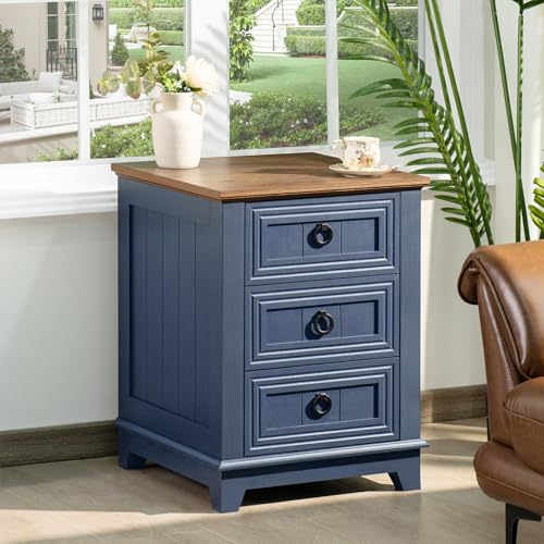 Joaxswe 18" Farmhouse Night Stand with 3 Drawers, Wood End Table Dresser for Bedroom, Navy Blue Nightstand, Bed Side Table with Metal Handle, Bedside Cabinet for Bedroom Living Room, Closet - color: Blue Set 1, size: 3 Drawers