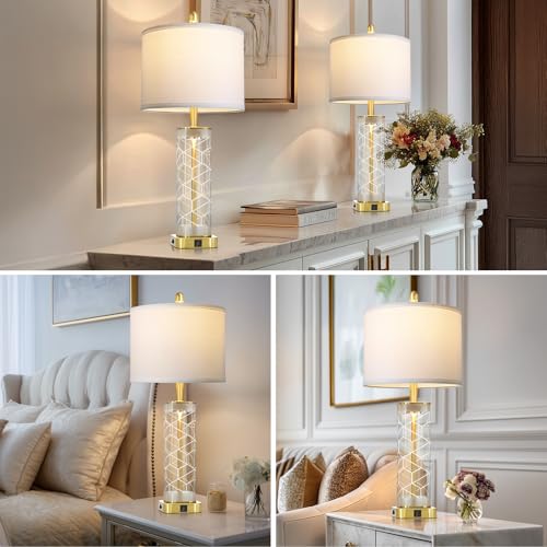 28" Gold Print Glass Table Lamps Set of 2 with Night Light, Modern Bedside Lamps with USB C+A Charging Ports, Nightstand Lamps for Living Room, Glass Lamps for Bedroom End Table, 2 Bulbs Included - color: Gold Print(2 Pack)