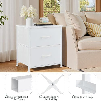 Nightstand Set of 2 Small 2 Drawer Dresser End Table Bedside Furniture | Wooden Top Fabric Bins for Bedroom, Closet, Entryway, Dorm, 11.8" D x 18" W x 20", White - color: White