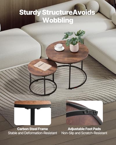 VEVOR Nesting Tables, Coffee Table Set of 2, 23.6 inch Round Coffee Table, Small Coffee Tables Night Stand with Metal Frame, for Living Room, Bedroom, Office (Brown & Black) - color: Brown