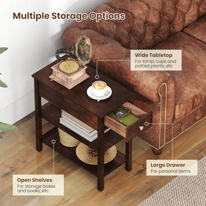 Giantex Narrow End Table Set of 2, Farmhouse Side Tables with Drawer & Storage Shelves, Wood Sofa Side Tables, 3-Tier Nightstands for Small Space, Living Room, Bedroom, 23.5"L x 12"W x 24.5"H, Walnut - color: Walnut