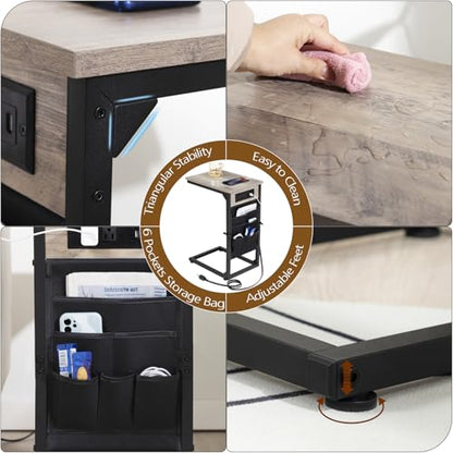 AMHANCIBLE C Shaped End Table with Charging Station, Couch Side Tables that Slide Under Sofa with Storage Bag, Slim TV Tray with USB Ports and Power Outlets for Living Room, Bedroom, Grey HET04CGY - color: Grey