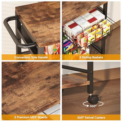 5-Tier Snack Organizer Cart with 3 Height Adjustable Pull-Out Baskets and 2 Storage Shelves, Utility Kitchen Organizer and Storage Cart with Convenient Handle for Fruit Potato Onion Vegetable Snack - style: 5 Tier