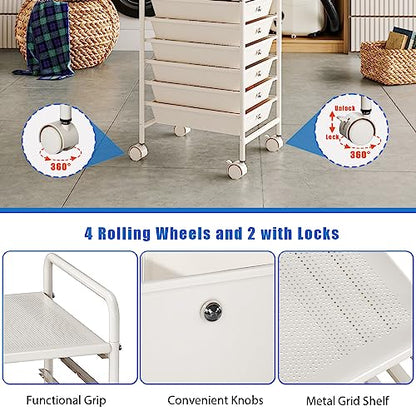4-Tier Utility Cart with 4 Drawers, Rolling Utility Cart with 2 Lockable Caster Wheels, Multipurpose Mobile Rolling Drawer Cart for Office Bathroom Kitchen, Ivory White - size: White, 4-Tier