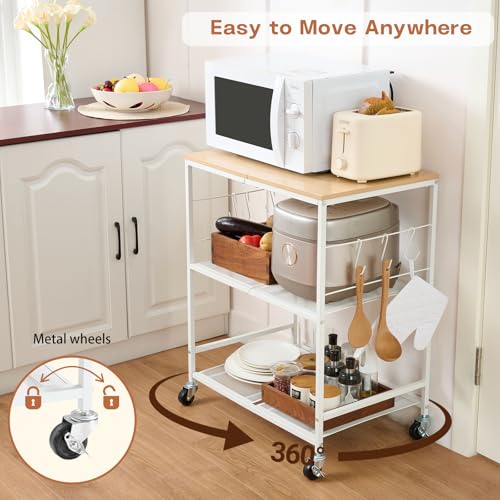 Rolling Kitchen Microwave Cart, 3 Tier Microwave Stand with Storage, Small Kitchen Island on Wheels, Wood and Mental Kitchen Shelf Rack, White Organizer for Living Room, Office, Balcony - color: White